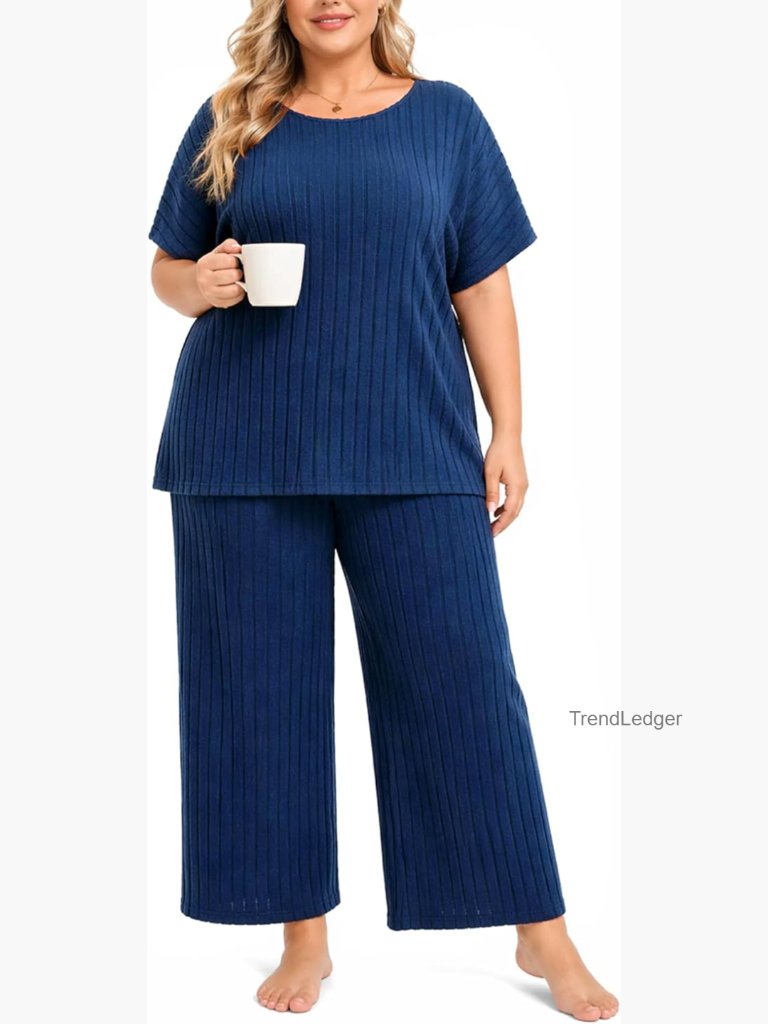 Plus Size Ribbed Lounge Set Matching Pajama Short Sleeve Wide Leg Pants Outfit